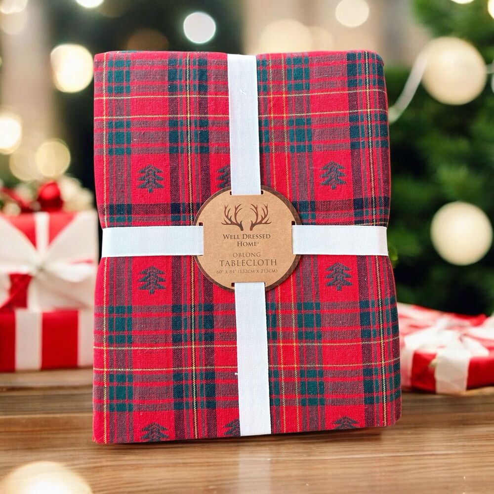 Well Dressed Home 60x84 Christmas Tablecloth Red Green Gold Plaid Trees Oblong